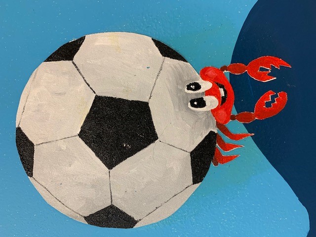 Illustration of hermit crab with soccer ball shell