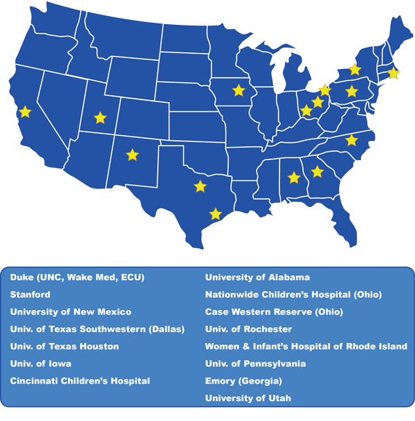 Map of 14 sites across the country that participate in the Neonatal Research Network
