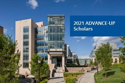2021 ADVANCE-UP Scholars with image of the Mary Duke Biddle Trent Semans Center for Health Education